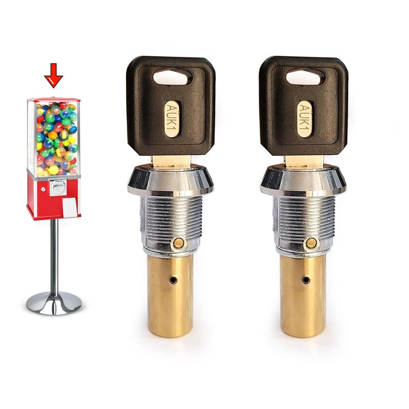 ACKSTAR Store Gumball Machine Lock and Key - Top Lid Lock & Key for Gumball Vending Machine with Metric Thread M6-1.0 mm Center Rod. 2in Capsule Machine & Candy Machines - Replacement Part - (2pc-Flat Key Auk 1) - Image 1